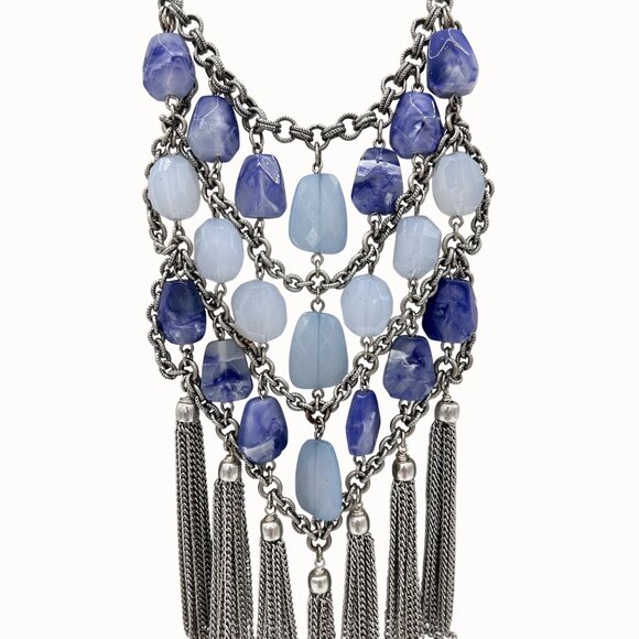 CHICO'S STATEMENT BLUE STONE SILVER CHAIN TASSEL BIB NECKLACE W/ BRAIDED CORD - Picture 2 of 5
